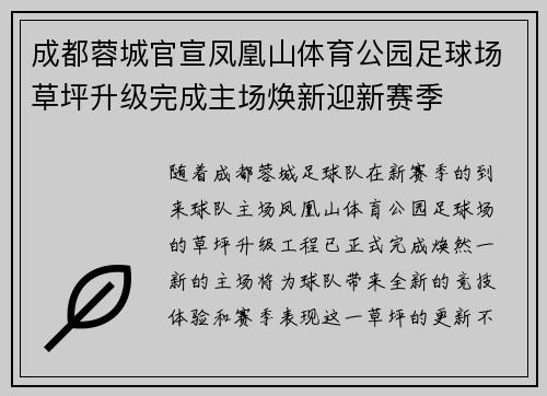 成都蓉城官宣凤凰山体育公园足球场草坪升级完成主场焕新迎新赛季