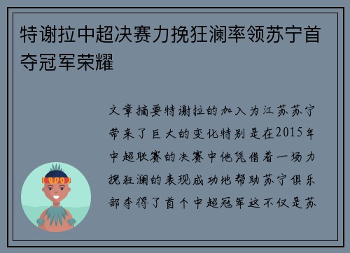 特谢拉中超决赛力挽狂澜率领苏宁首夺冠军荣耀 特谢拉中超决赛力挽狂澜率领苏宁首夺冠军荣耀