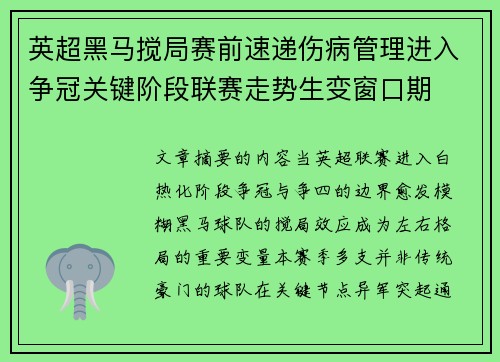 英超黑马搅局赛前速递伤病管理进入争冠关键阶段联赛走势生变窗口期