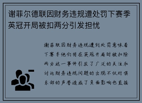谢菲尔德联因财务违规遭处罚下赛季英冠开局被扣两分引发担忧 谢菲尔德联因财务违规遭处罚下赛季英冠开局被扣两分引发担忧