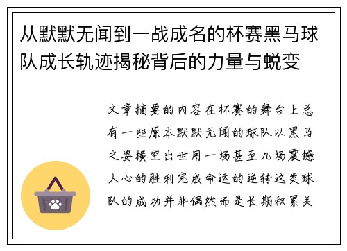 从默默无闻到一战成名的杯赛黑马球队成长轨迹揭秘背后的力量与蜕变